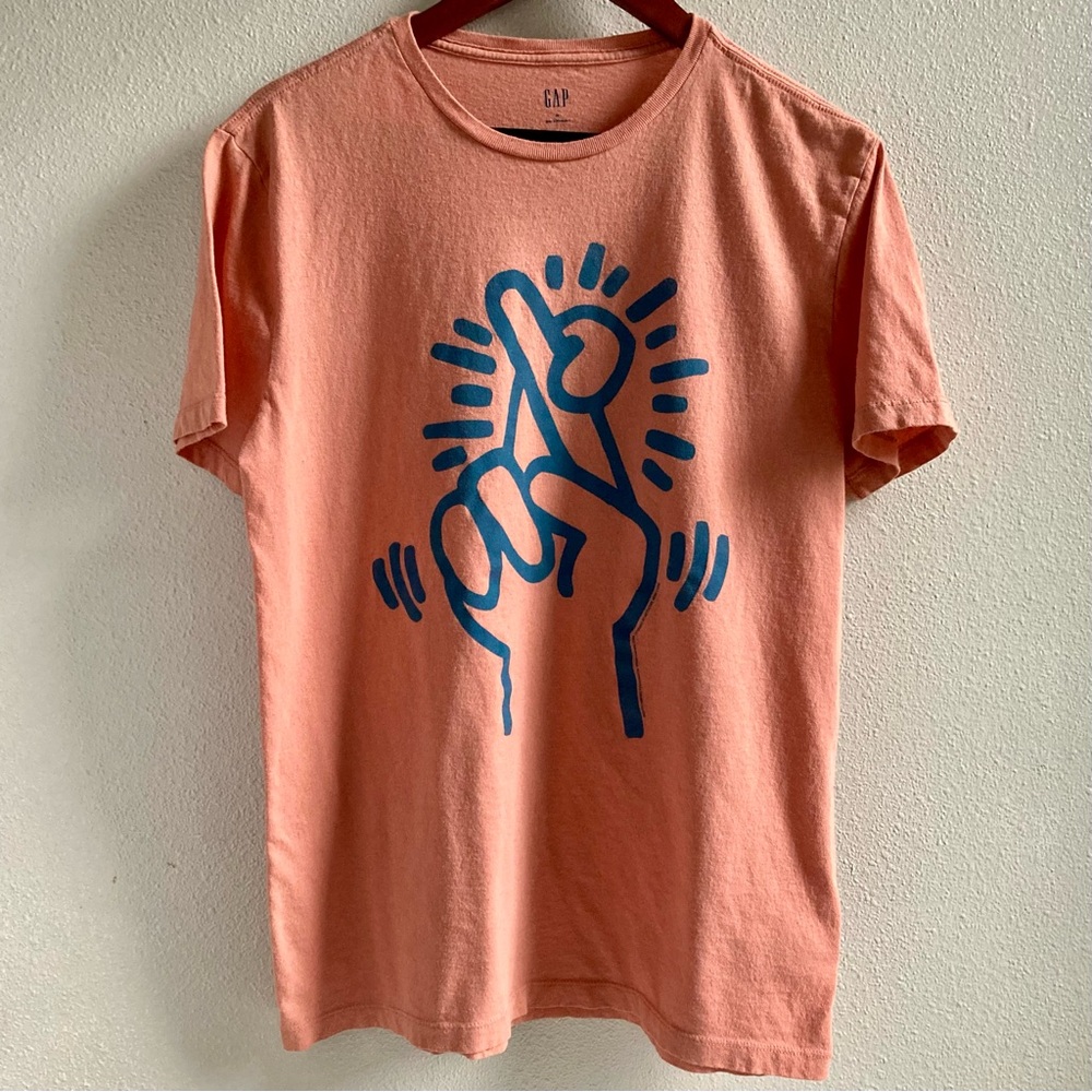 Vintage GAP x Keith Haring T-Shirt Fingers Crossed Pop Art Graphic Orange Size M